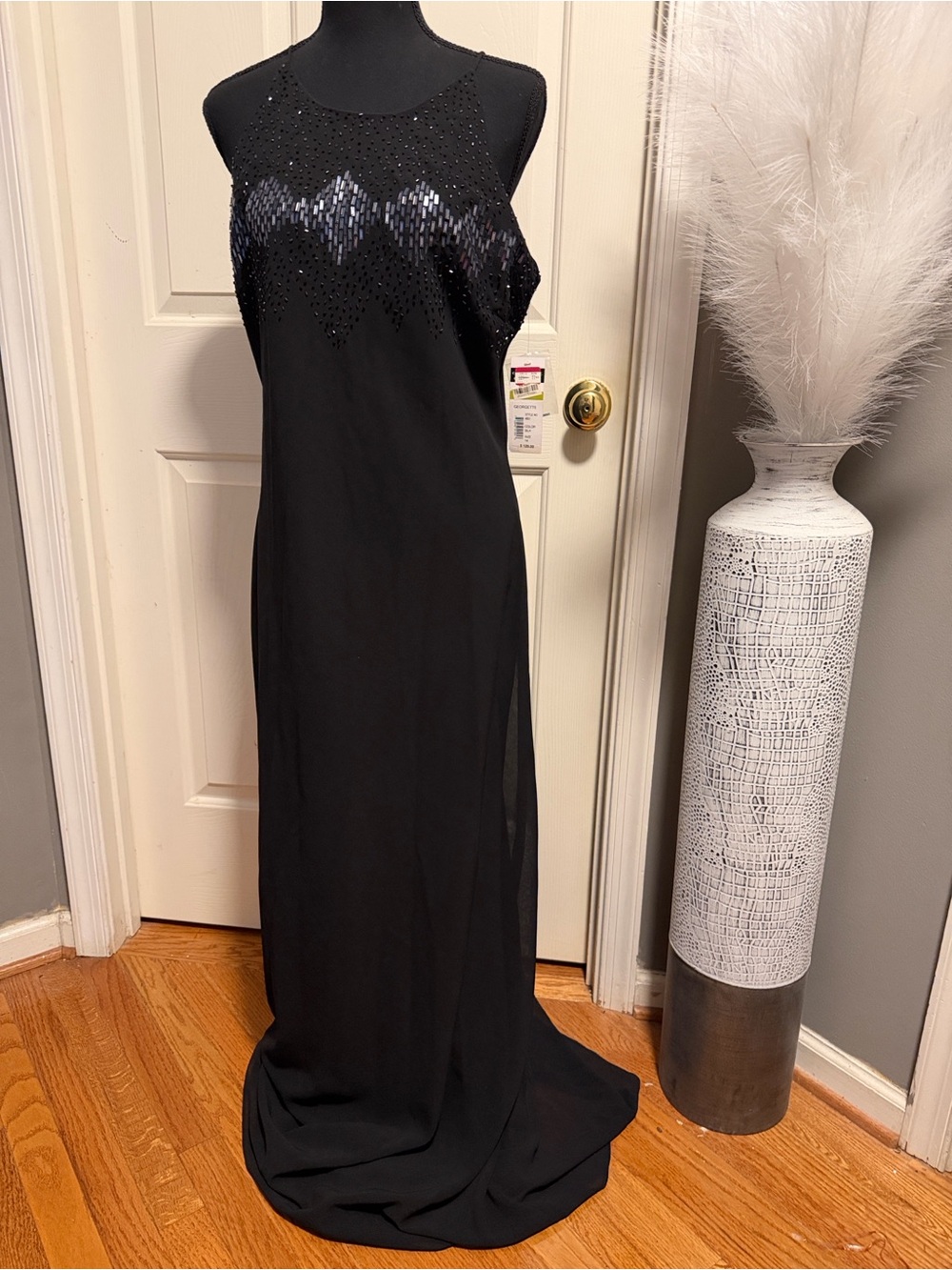 Cachet Black Beaded Chevron-Accent Prom Gown